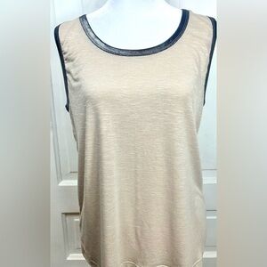 Tank Top. Sleeveless T-shirt. Loose Fit, Heather Cream Color w/ Metallic Trim.